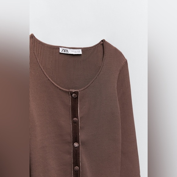 Zara Ribbed  Crop Cardigan Velvet Lined Buttons Knit Brown Women's‎ Size Medium - Picture 11 of 13